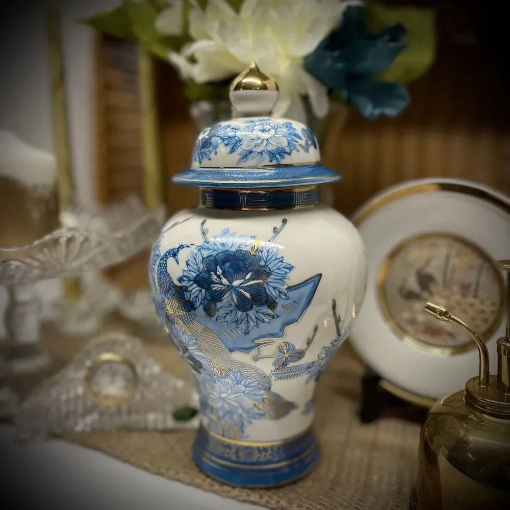 Vintage Heygill Imports Japan Peacock Ginger Jar Blue, wht & Gold Lidded-EXCL